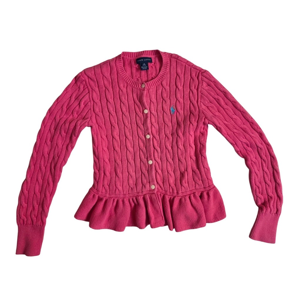 Ralph Lauren Girls Pink Cable Knit Peplum Cardigan Sweater Size M 8-10 School
